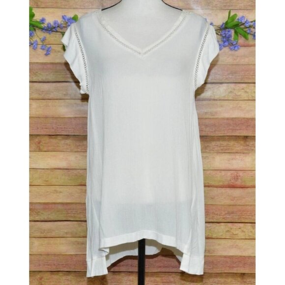 Ellen Tracy Size M Cream Very Short Sleeve Tunic Top Gauzy Cutout V-Neck Neutral - Picture 1 of 11